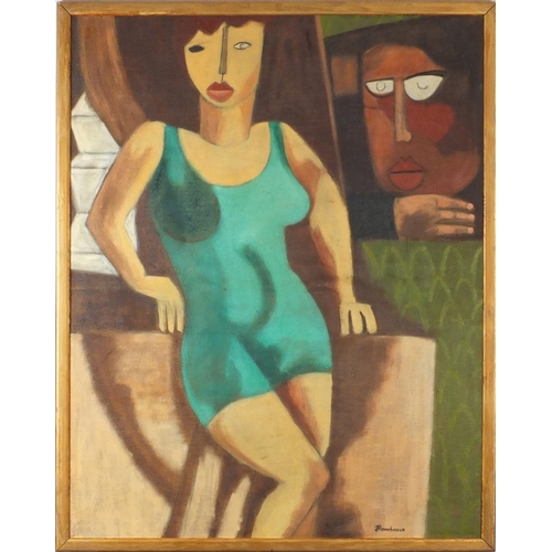 927 - Abstract composition, female in an interior, French school oil on canvas, bearing a signature Rambea... 
