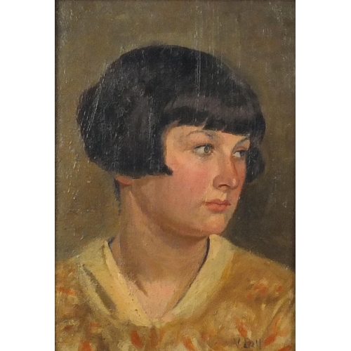 882 - Attributed to Vanessa Bell - Head and shoulders portrait of a young female, oil on board, mounted an... 
