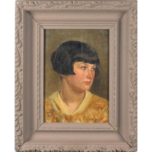 882 - Attributed to Vanessa Bell - Head and shoulders portrait of a young female, oil on board, mounted an... 