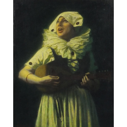 838 - Female harlequin playing a banjo, post impressionist continental school, oil on canvas laid on board... 