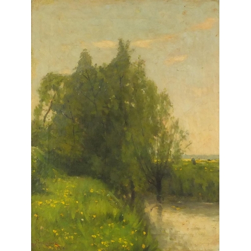 987 - River landscape with figure beside water, continental school oil on canvas, bearing an indistinct si... 