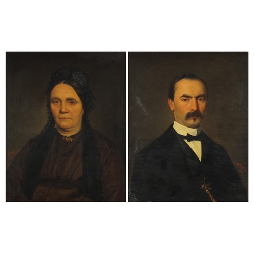 853 - J B Caquin 1871 - Male and female in formal dress, pair of 19th century oil on canvases, mounted and... 