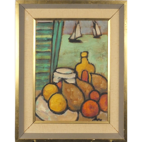 999 - Still life before boats, Irish school oil on canvas, bearing an indistinct signature, mounted and fr... 
