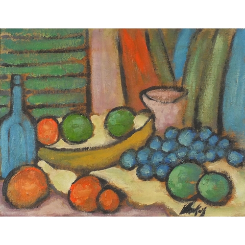 997 - Still life fruit and vessels, Irish school oil on canvas, bearing an indistinct signature, mounted a... 