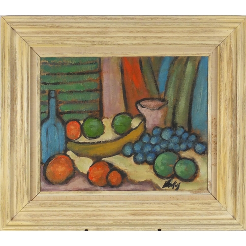 997 - Still life fruit and vessels, Irish school oil on canvas, bearing an indistinct signature, mounted a... 