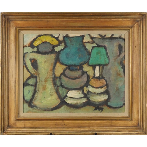 998 - Still life vessels, Irish school oil on canvas, bearing an indistinct signature, mounted and framed,... 