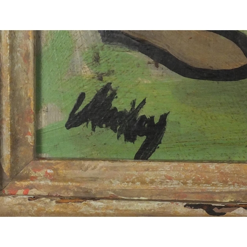 994 - Group of five men, Irish school oil on board, bearing an indistinct signature, framed, 44cm x 32cm