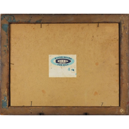 994 - Group of five men, Irish school oil on board, bearing an indistinct signature, framed, 44cm x 32cm