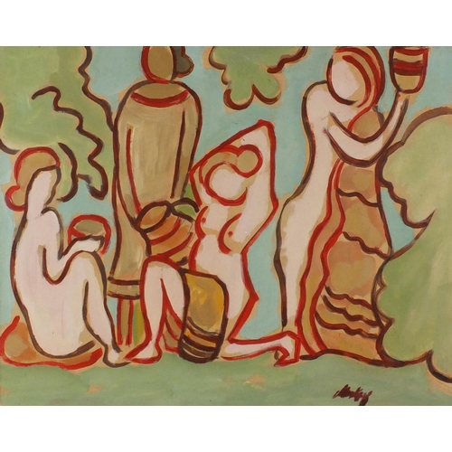 1001 - Nude bathers, Irish school oil on board, bearing an indistinct signature, mounted and framed, 50cm x... 