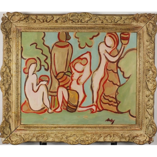 1001 - Nude bathers, Irish school oil on board, bearing an indistinct signature, mounted and framed, 50cm x... 
