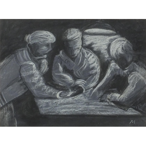 945 - Three men around a table, mid 20th century English school crayon, bearing a monogram M, mounted and ... 