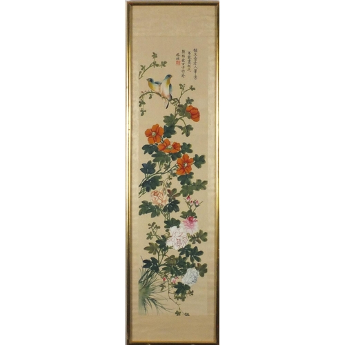 365 - Pair of Chinese watercolour on silks, hand painted with birds, butterflies and flowers, each with ca... 