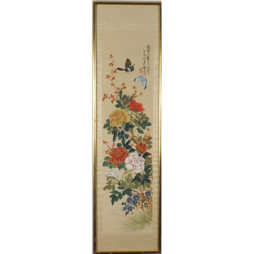 365 - Pair of Chinese watercolour on silks, hand painted with birds, butterflies and flowers, each with ca... 