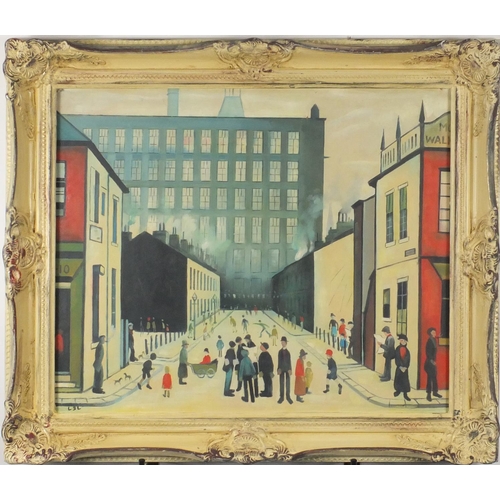 898 - After Laurence Stephen Lowry - Industrial street scene with figures, oil on board,  mounted and fram... 