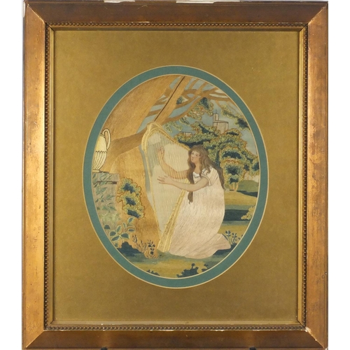 63 - Georgian oval silk wool work picture depicting a girl playing a harp before a castle, mounted and fr... 