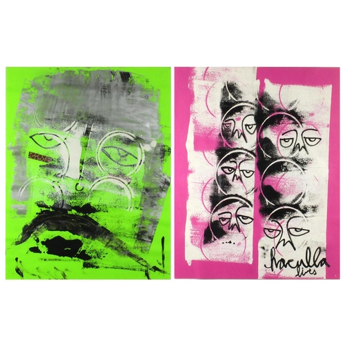 984 - Surreal portraits, two mixed media on paper, one bearing an indistinct signature possibly Racalla, e... 