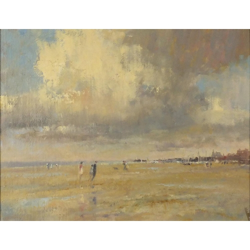 889 - The Beach, Modern British oil on board, mounted and framed, 44cm x 34cm