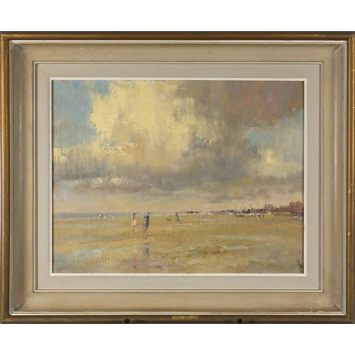 889 - The Beach, Modern British oil on board, mounted and framed, 44cm x 34cm