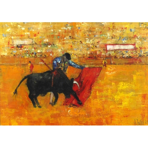 844 - Bull fighting, South American school oil on canvas, bearing a signature possibly Polallax, mounted a... 