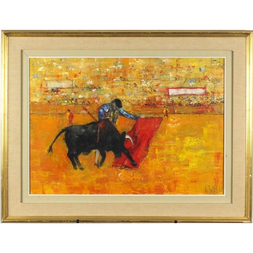 844 - Bull fighting, South American school oil on canvas, bearing a signature possibly Polallax, mounted a... 