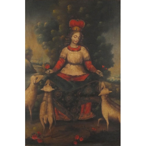 865 - The Divine Shepherdess, antique oil on canvas laid on board, mounted and framed, 59cm x 38.5cm