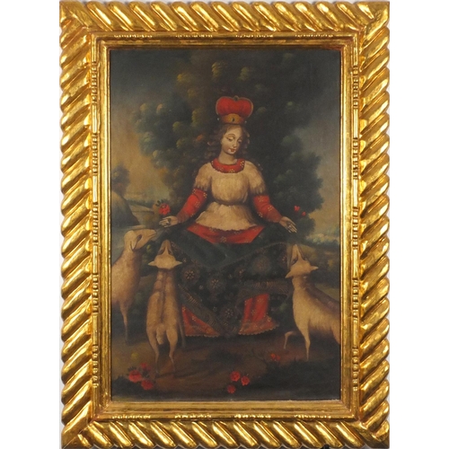 865 - The Divine Shepherdess, antique oil on canvas laid on board, mounted and framed, 59cm x 38.5cm