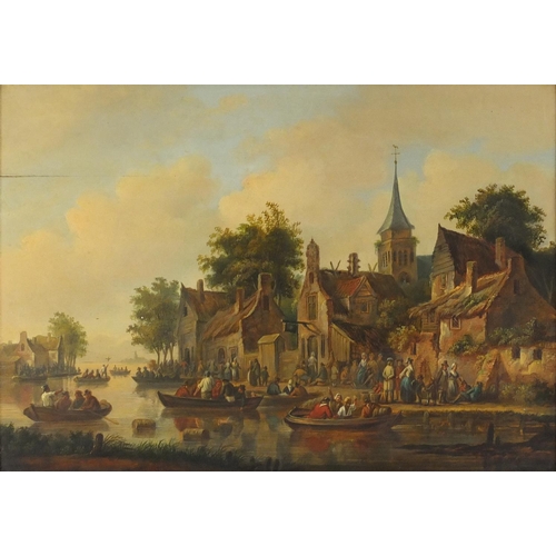 837 - Busy riverside scene, early 19th century Dutch school oil on wood panel, bearing an indistinct signa... 