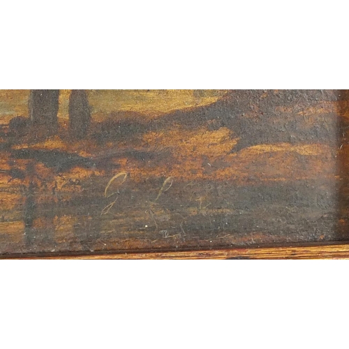 837 - Busy riverside scene, early 19th century Dutch school oil on wood panel, bearing an indistinct signa... 