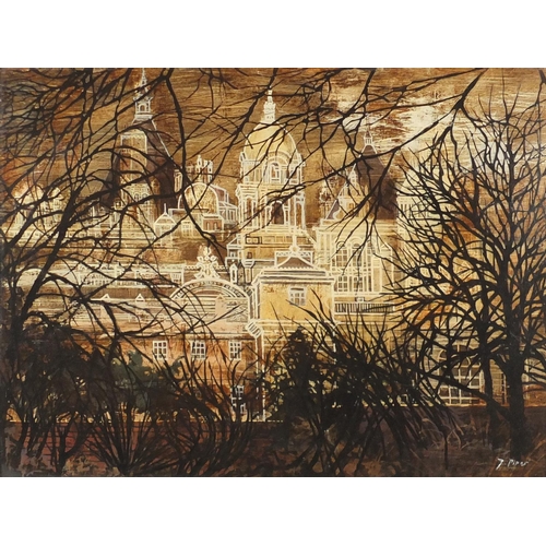 887 - School of John Piper - City with cathedral, oil on board, mounted and framed, 75cm x 57cm