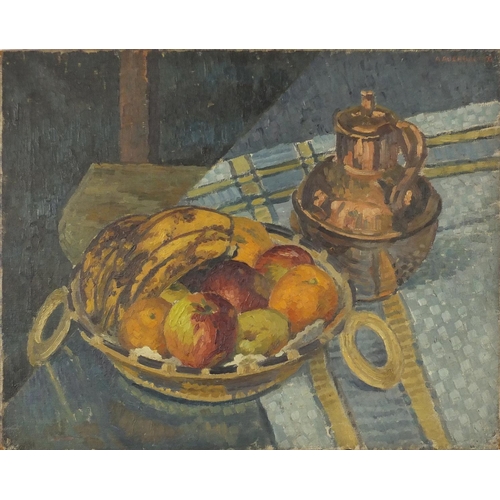 928 - A Auerbach 32 - Still life fruit and vessels, oil on canvas, unframed, 51cm x 41cm