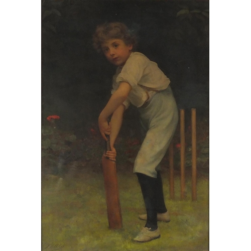 1028 - Vintage Pears print of a young boy playing cricket, framed, 69.5cm x 47cm
