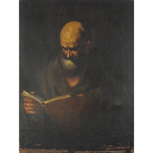 827 - Portrait of a monk reading, Antique Old Master oil on canvas, unframed, 101cm x 76.5cm