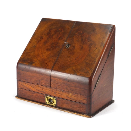 31 - Victorian oak and walnut slope front stationery box, with fitted interior and base drawer, 26cm H x ... 