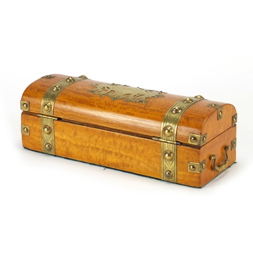 27 - Victorian dome topped satin wood pen box with brass mounts and twin handles, 9cm H x 26cm W x 10cm D