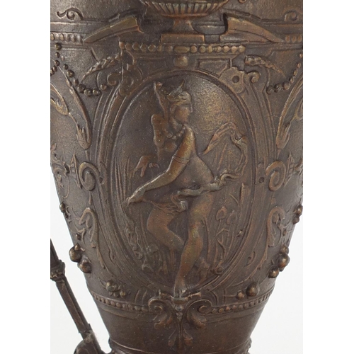 17 - 19th century cast iron Neoclassical design ewer on stand, cast with classical figures, urns and foli... 