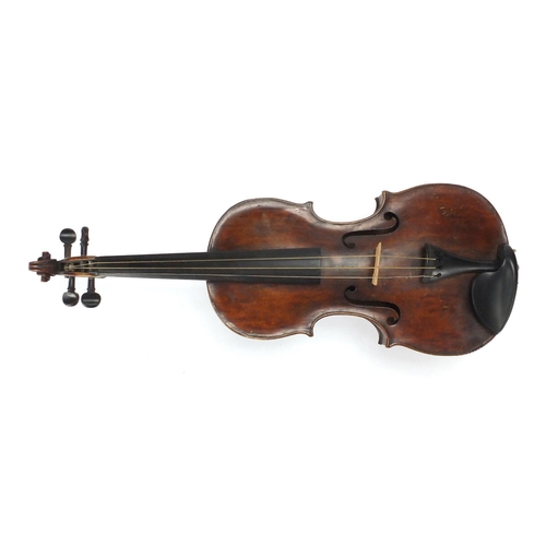 87 - Old wooden violin with one piece back, two bows and fitted wooden case, the violin back 14.5inches i... 