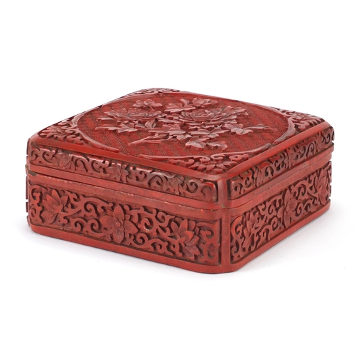 344 - Chinese cinnabar lacquer box and cover, carved with flowers and foliage, 6.5cm H x 15cm square