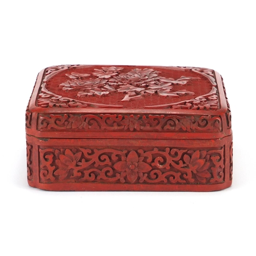 344 - Chinese cinnabar lacquer box and cover, carved with flowers and foliage, 6.5cm H x 15cm square