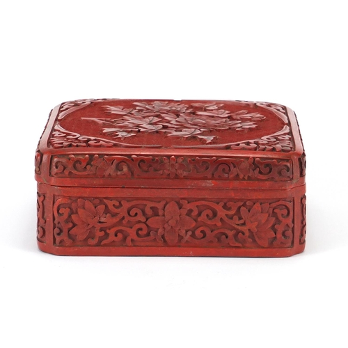 344 - Chinese cinnabar lacquer box and cover, carved with flowers and foliage, 6.5cm H x 15cm square