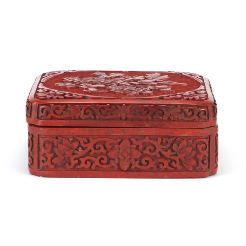 344 - Chinese cinnabar lacquer box and cover, carved with flowers and foliage, 6.5cm H x 15cm square