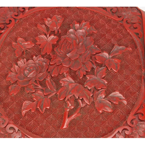 344 - Chinese cinnabar lacquer box and cover, carved with flowers and foliage, 6.5cm H x 15cm square