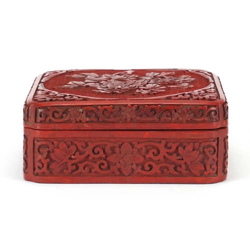 344 - Chinese cinnabar lacquer box and cover, carved with flowers and foliage, 6.5cm H x 15cm square