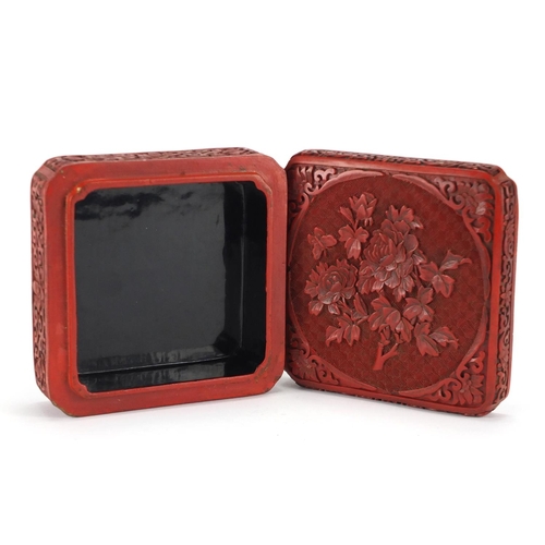 344 - Chinese cinnabar lacquer box and cover, carved with flowers and foliage, 6.5cm H x 15cm square