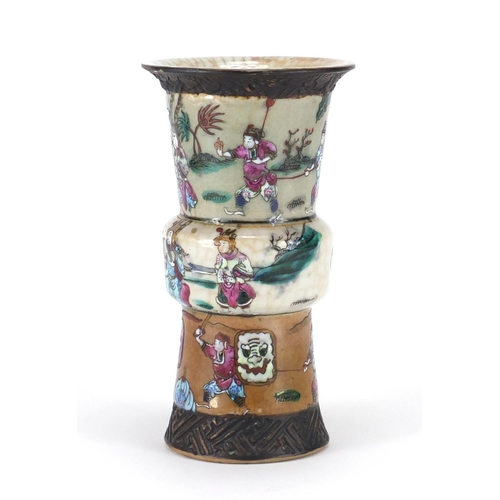 305 - Chinese crackle glazed vase, hand painted in the famille rose palette with warriors, character marks... 