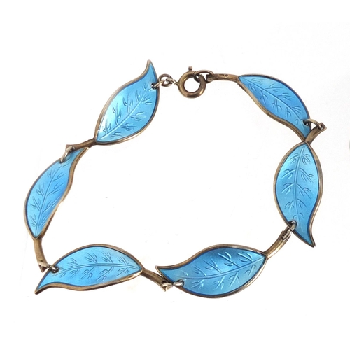 578 - Norwegian 925s silver and blue enamel leaf design jewellery suite by David Andersen comprising a nec... 