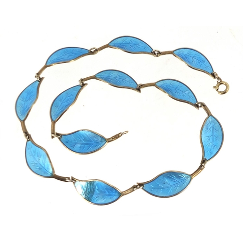 578 - Norwegian 925s silver and blue enamel leaf design jewellery suite by David Andersen comprising a nec... 