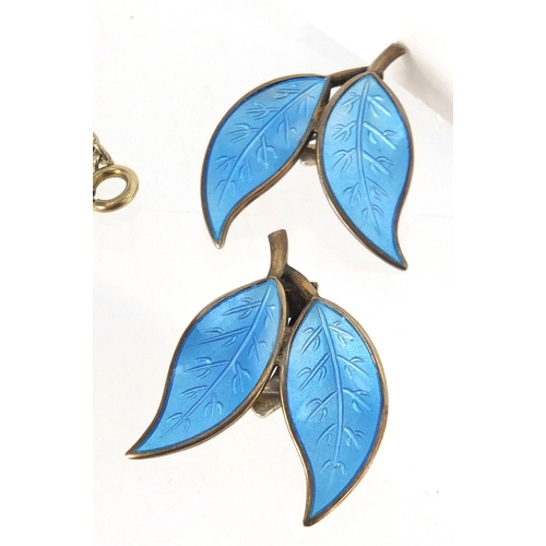 578 - Norwegian 925s silver and blue enamel leaf design jewellery suite by David Andersen comprising a nec... 