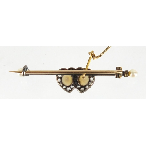 650 - Victorian unmarked gold pearl and diamond double love heart bar brooch, 4.5cm in length, approximate... 