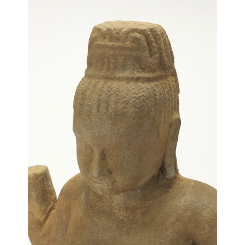 383 - Asian stone carving of a female, possibly Grand Tour, raised on a wooden stand, 53cm high