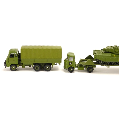 248 - Three Dinky die cast army vehicles with boxes, AEC Artic transporter with Chieftain tank 616, Foden ... 